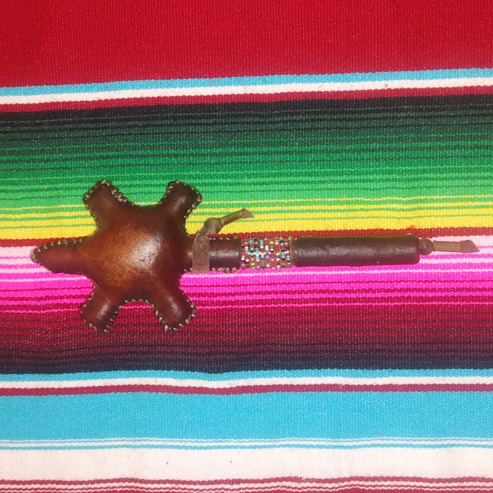 Native American Rawhide Leather w/ Beads Rattle Shaker 10"